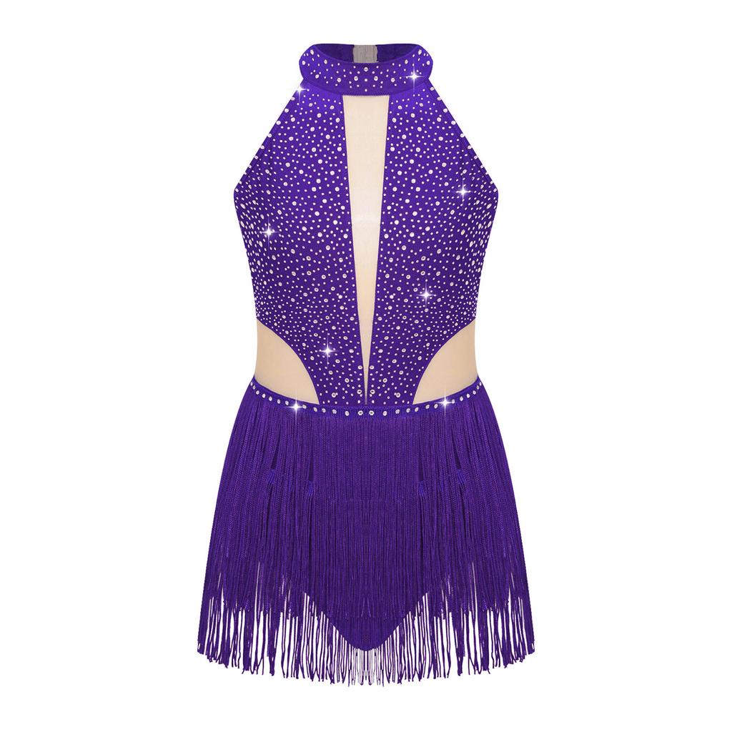 Girls Sparkly Performance Bodysuit Sleeveless Backless Style Rhinestone Fringe Detail Latin Dance