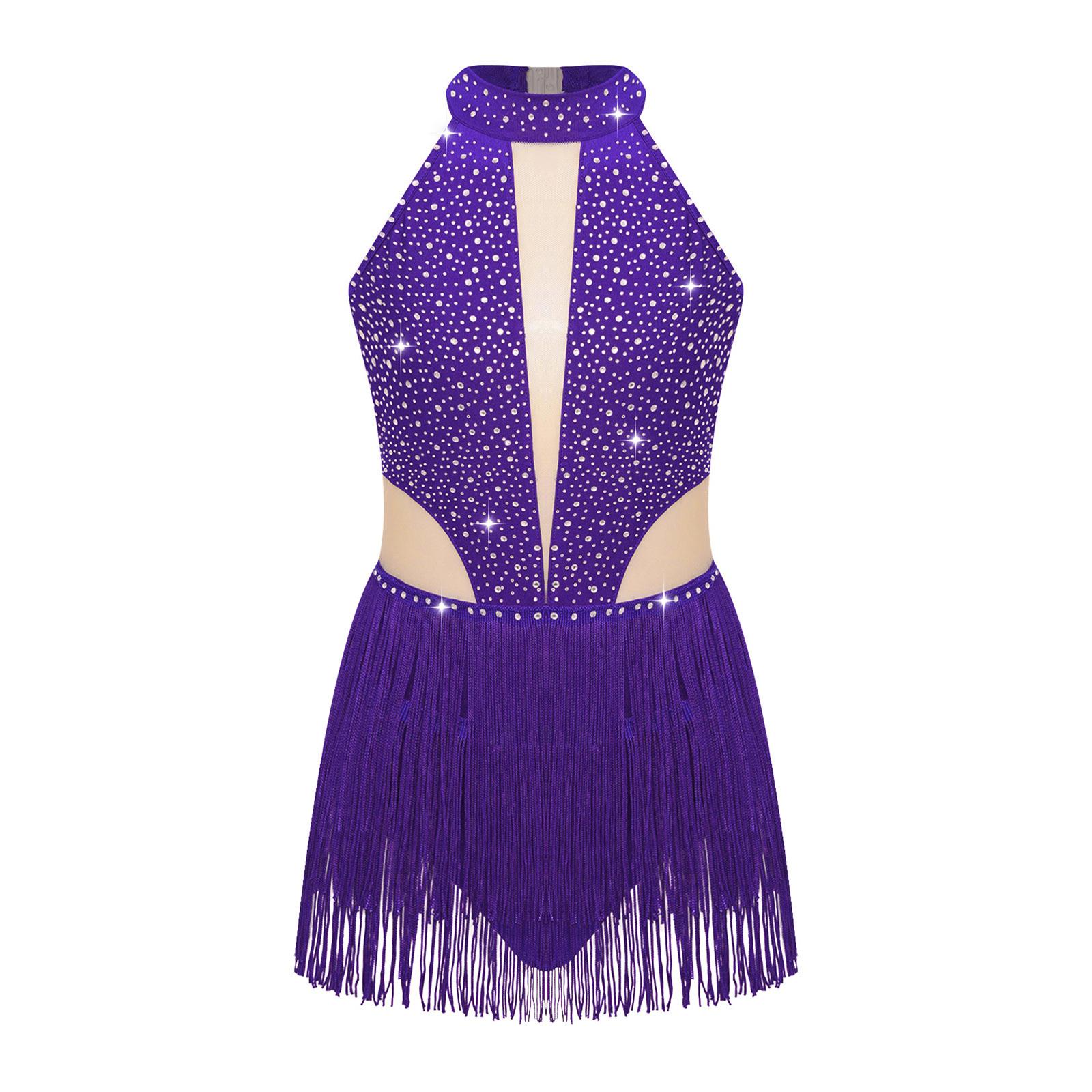 

Дівчачий блискучий боді для виступів без рукавів з відкритою спиною, оздоблений стразами та бахромою, для латиноамериканських танців 5-6 Years фіолетовий