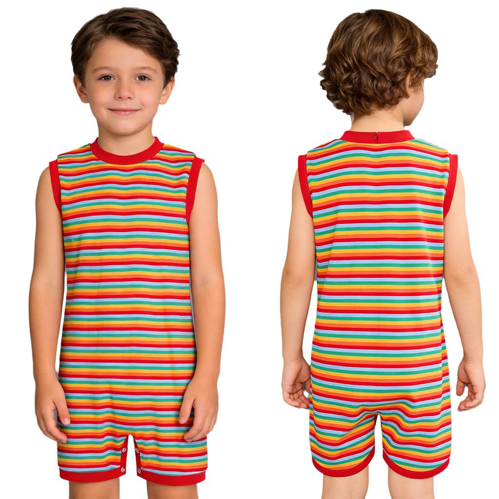 Mono Adaptativo Unisex para Niños con Necesidades Especiales Sin Mangas Cremallera Trasera Invisible Botón a Presión Tira de la Entrepierna Rayado para Vestir Fácilmente