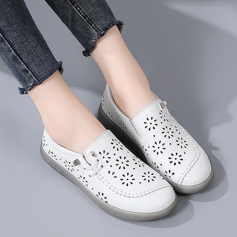 35-41 Women's Large Breathable Fashion Flat Leather Shoes with Hollow Out Shoes White Shoes Lefu Shoes