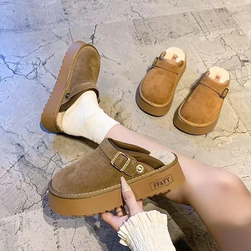 Fashion Fashion Women Fur Slippers 2025 Winter Cotton Shoes Thick Sole Home Warm Toe Cap Semi Slipper Shoes Indoor Slingback Boots Plush