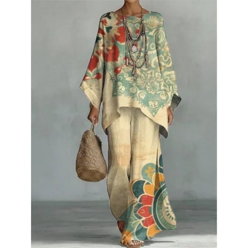Women’s Vibrant Watercolor Print Batwing Sleeve Top & Wide Leg Pants