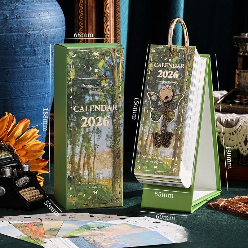 

2026 Desk Calendar With Ring Binding 365 Days Vintage Oil Painting Inspirational Quotes One-Way Page Turn Daily Planner Calendar зелений