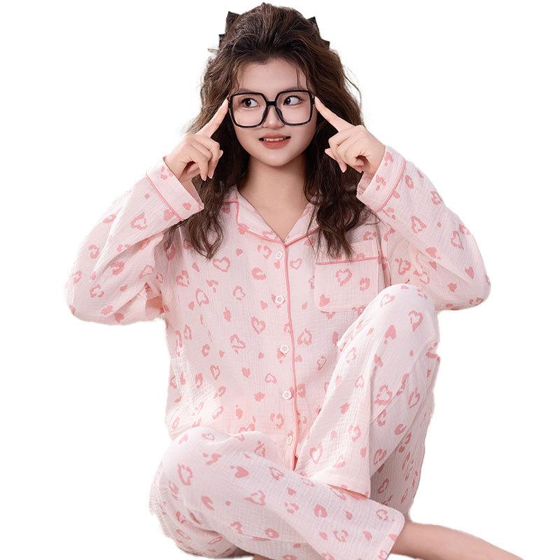 Pajamas pure cotton crepe women's long-sleeved lapel cardigan small love spring and autumn women's sweet wind loungewear two-piece set