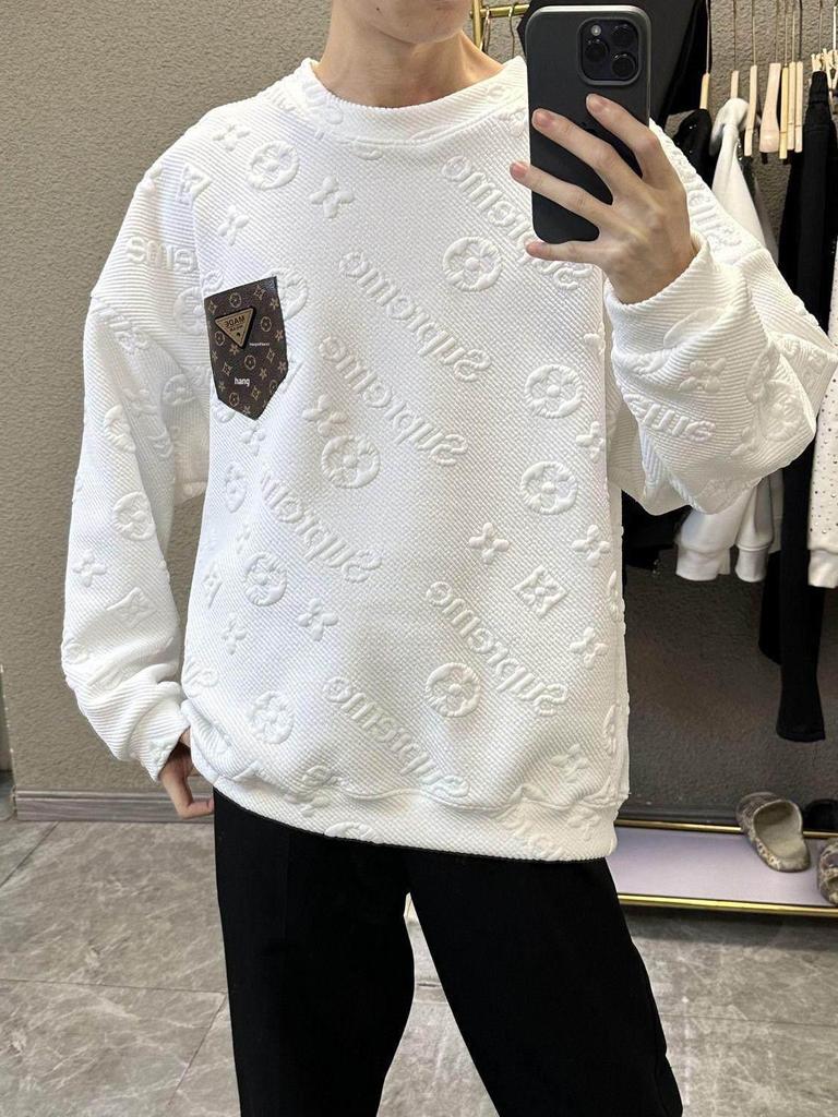 Felpa Jacquard da Uomo alla Moda con Fodera in Pile, Autunno/Inverno, Girocollo con Tasca a Lettera per Coppie