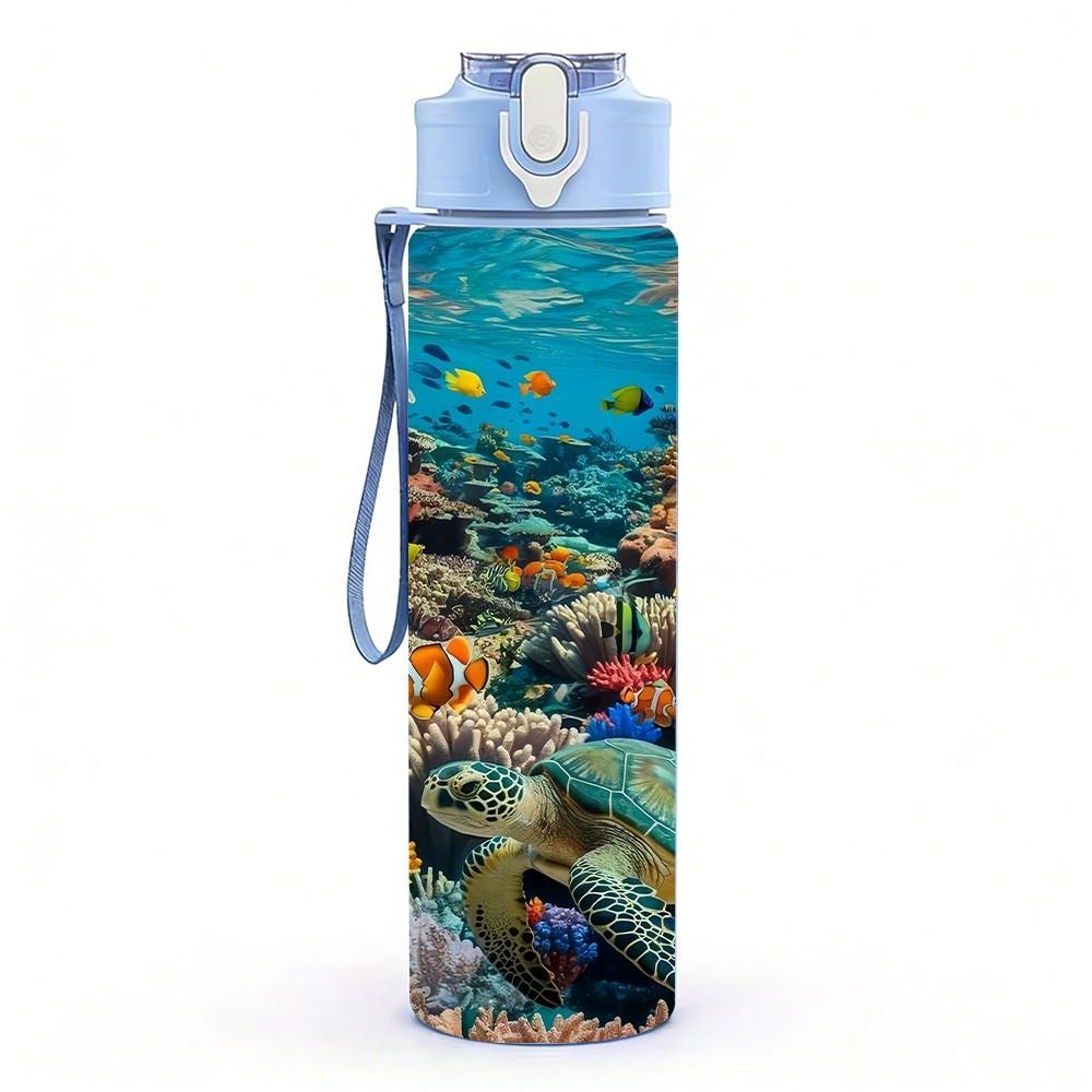 1PC Coral Reef Underwater Ocean Scene Print 750ml Color Plastic Sports Water Bottle Leakproof Flip Straw Lid Suitable for Sports Office Home Use