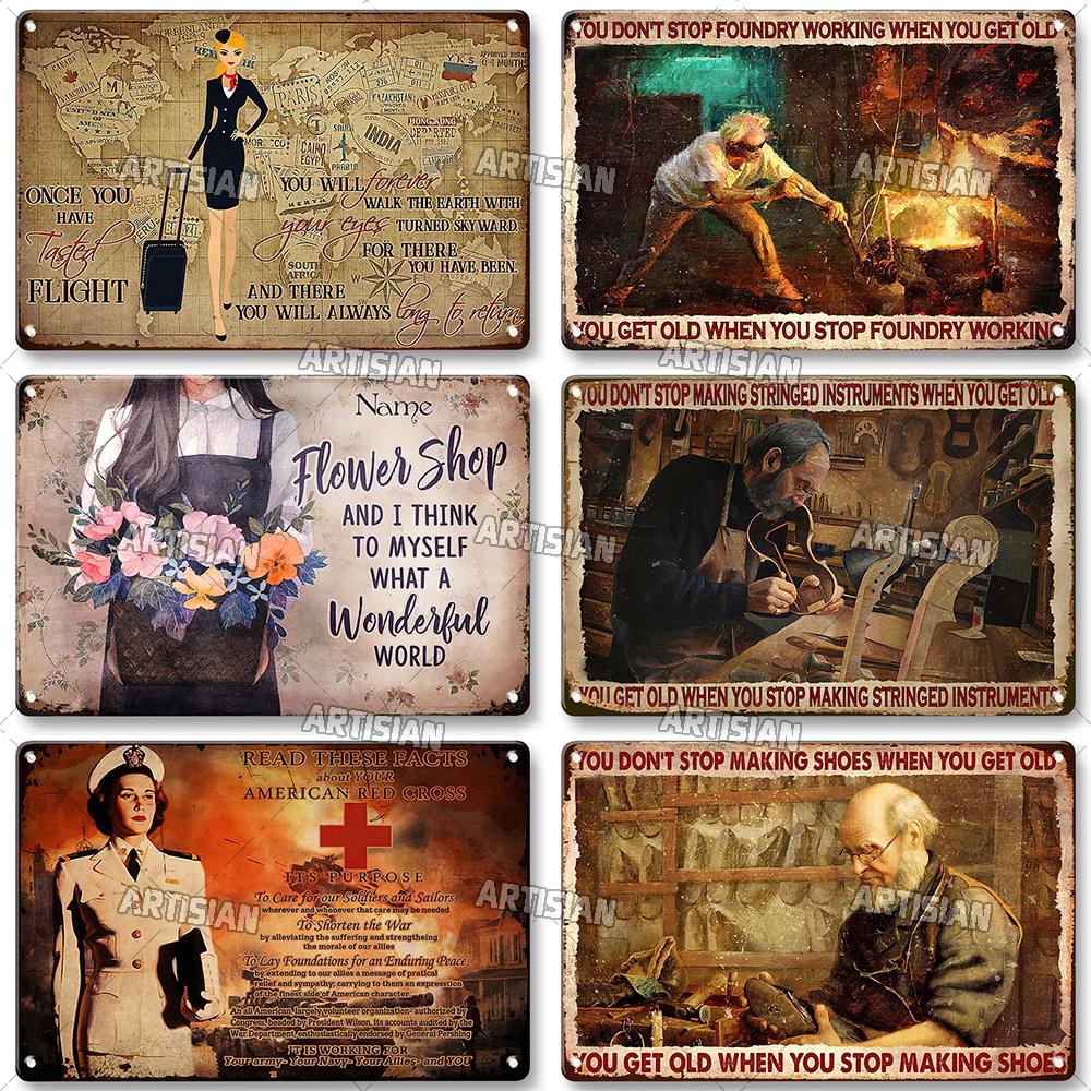 Artisian Job Work Metal Plaque Shoemaker Tin Sign Barista Hairstylist Luthier Painter Chef Decorative PlateWall Decor Garage Bar