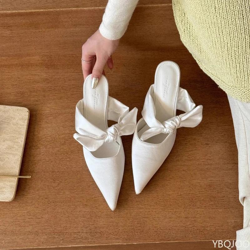 Ladies Elegant Silk Shoes Sexy Pointed Half Slippers Fashion Bow High Heels Comfortable Casual Women's Slippers Mujer Zapatos