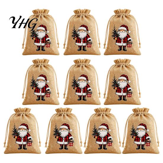 Reusable Fabric Treat Pouches Christmas Jute Burlap Gift Bags, Drawstring Candy Decorative Xmas Tree Ornaments Bag, Linen Packaging Pouch for Holiday