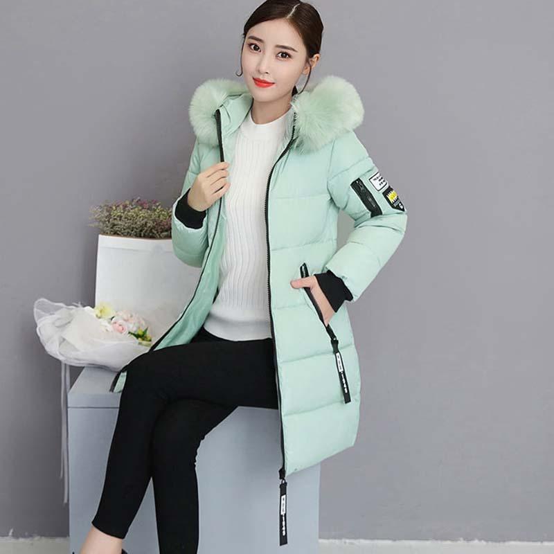Women's Autumn Winter Fashion Casual Cotton Jacket Fur Collar Warm Thick Overcoat Slimming Long Hooded Parka Coats