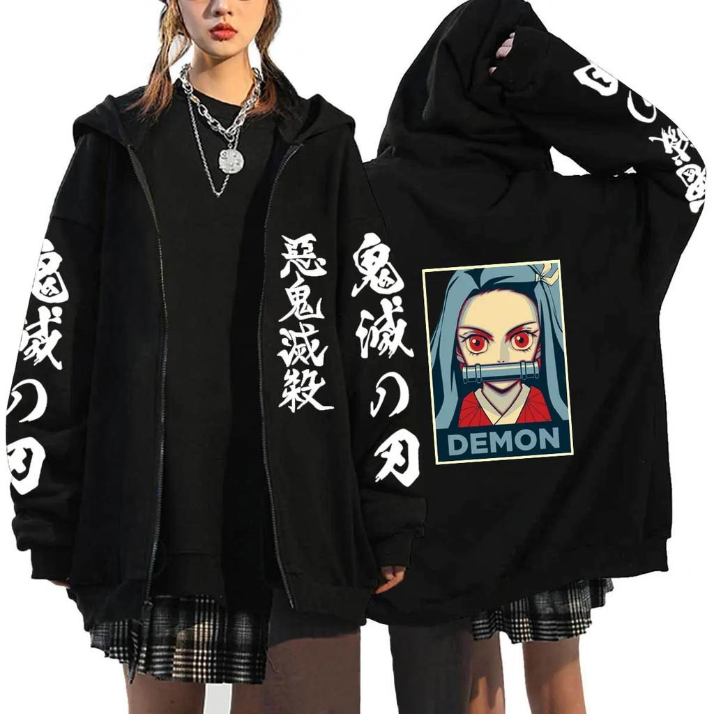 Women's Oversized Zipper Shirt Harajuku Japanese Anime Cartoon Demon Slayer Printed Jacket Spring Warm Long Sleeve Top