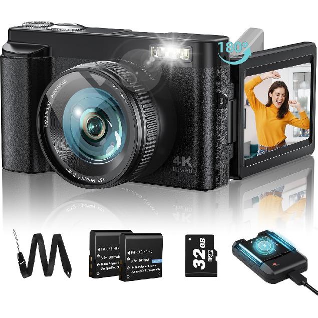 Upgrade 4K Digital Camera for Photography 48MP with 3'' 180° Flip Screen 16X Zoom Autofocus Vlogging Camera for YouTube, Compact Point and Shoot