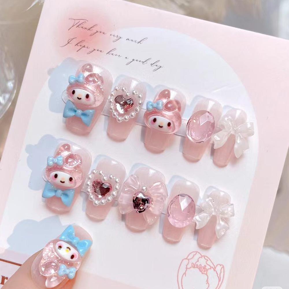 24Pcs Pink French Leopard Hello Kitty False Nails 3D Y2k Star Heart Kitty Cat Rhinestones Press On Nails Cute Cartoon Fake Nails