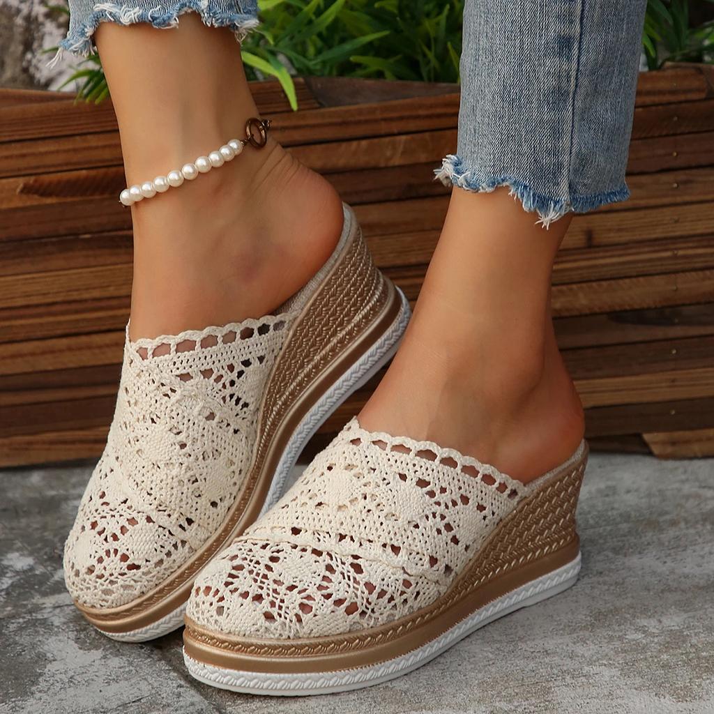 Women Roman Slippers Lace Head Covering Shoes Wedge Heel Woven Ethnic Fairy Slippers Comfortable Breathable Sandals Slides Women
