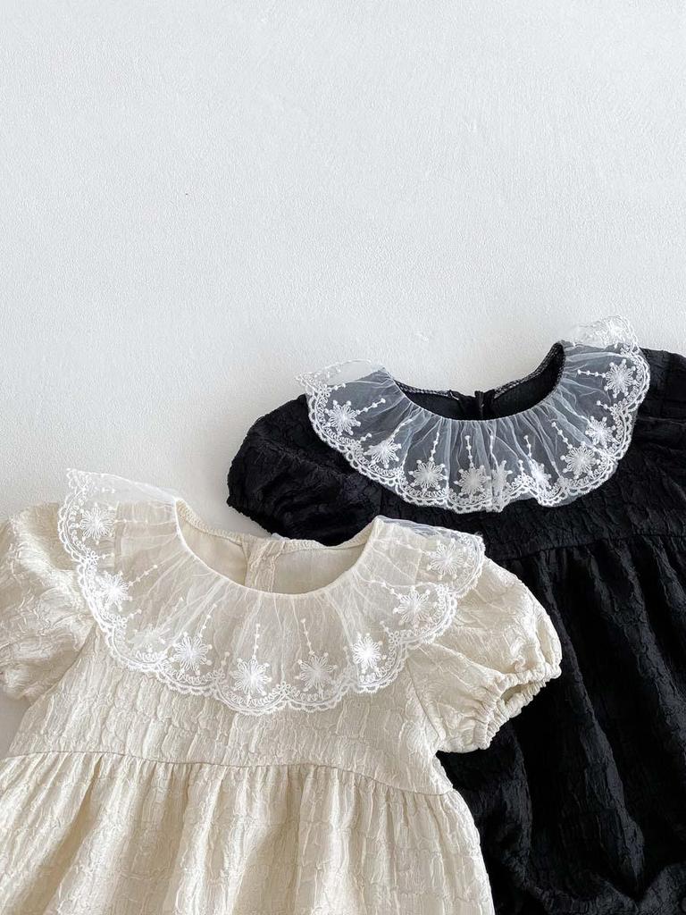 Korean Style Baby Girl Summer Romper with Lace Ruffle & Peter Pan Collar