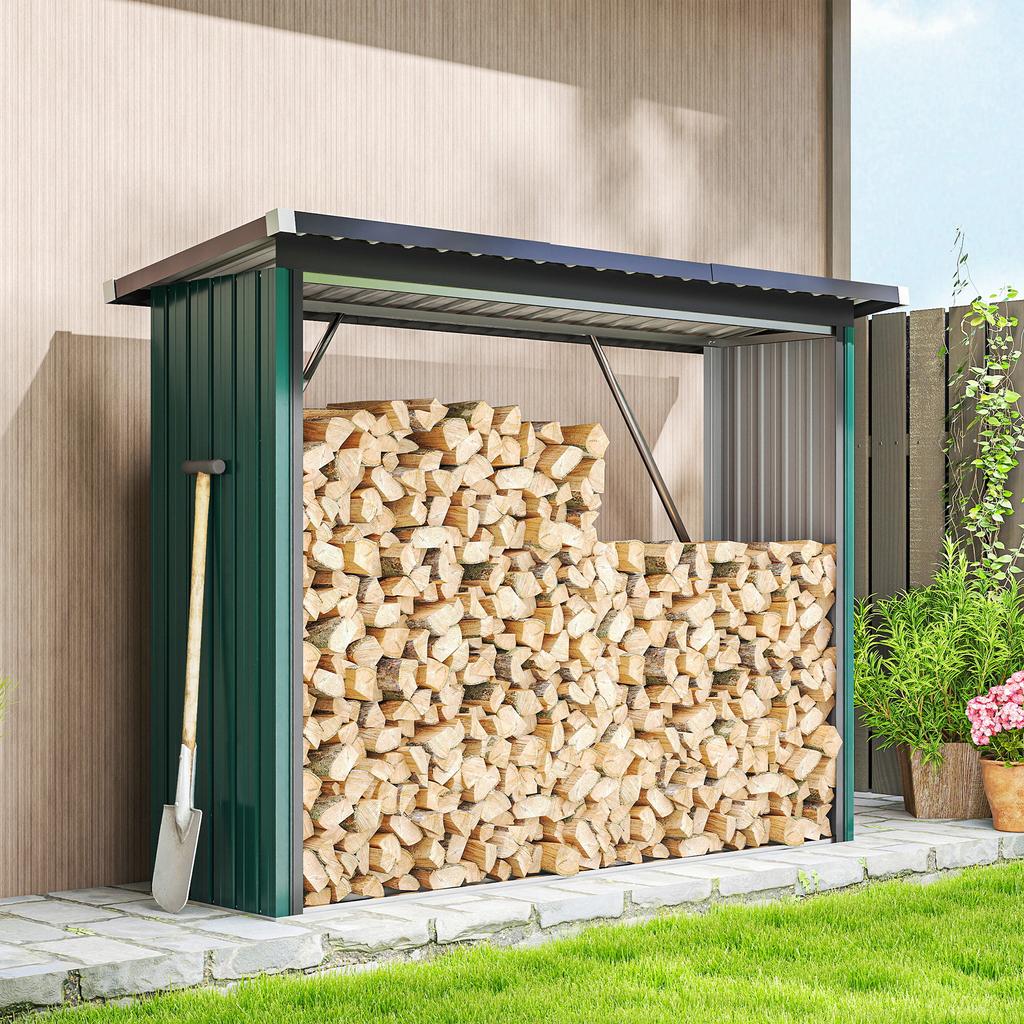 Firewood Shed, Firewood Shelter, Steel, Raised Floor, Sloped Roof, 213 X 66.5 X 150 Cm, Green