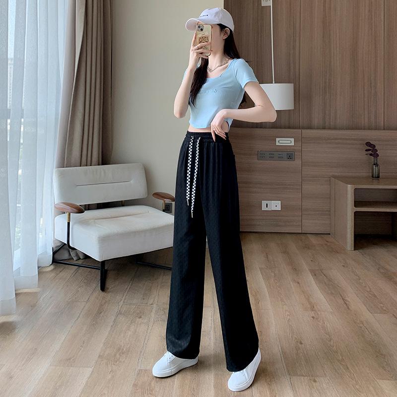 2025 Women's Checkered Wide-Leg Ice Silk Pants - Slim-Fit, High-Waisted, Draped, Summer & Spring