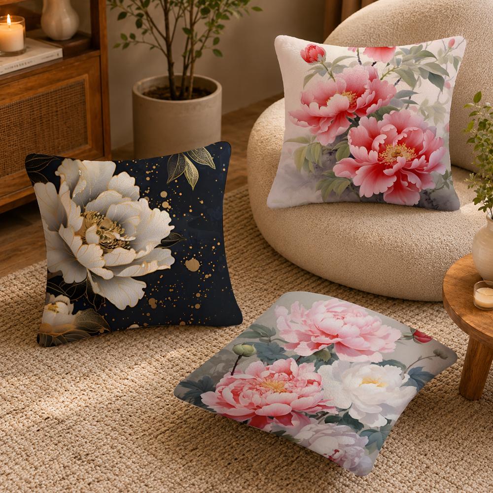 Peony Cushion Cover Anti-dustmite Pillowcase Invisible Zipper Silky Short Plush Sofa Cushion Cover