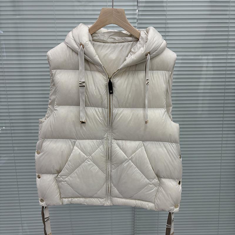 FASHION 2024 New White Duck Down Short Hooded Letter Drawstring Vest Winter Vest Down  Side Buckle  Trendy Clothes