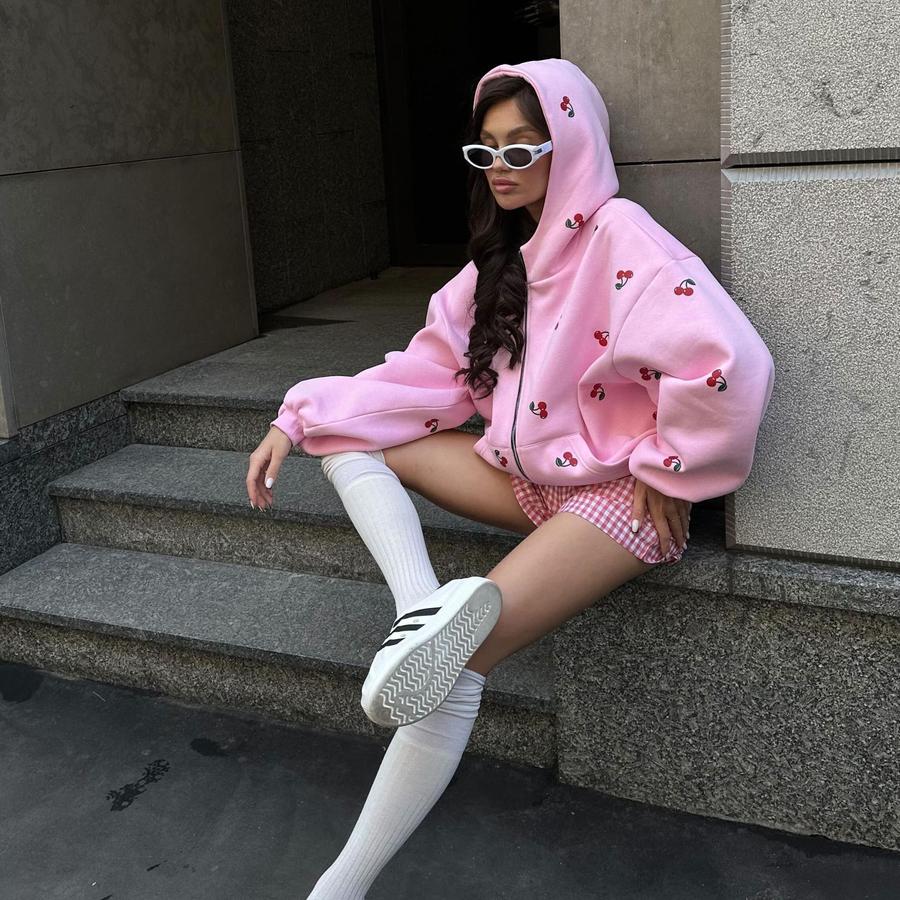 Cherry Blossom Printed Hoodie Sweatshirt Casual Autumn Women Street Style Fashion Brand Loose Versatile Sports Pullover with Hood