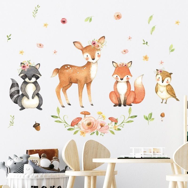 Cartoon Animals Wall Stickers Children Rooms Fawn Fox Kids Wall Stickers Decals Wallpaper for Kids Room Baby Room Decoration