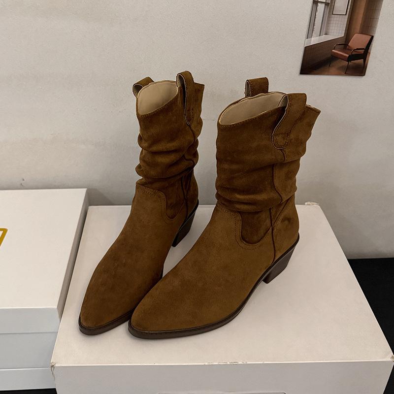 2026 Autumn New Knight Boots Retro Mid Barrel Stacked Boots Western Thin Boots Women's Coarse Heel Short Boots