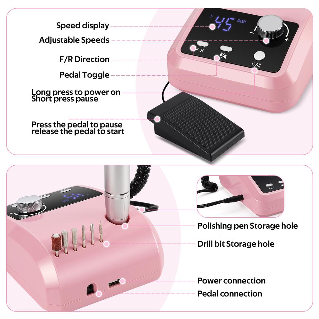 45000RPM Nail Drill Machine With Low Vibration Professional Nail Milling Machine With Pause Mode Manicure Set For Salon Home Use