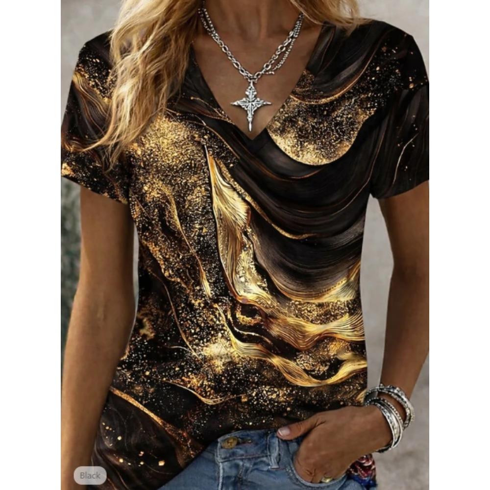 Women Summer T Shirt Vintage Pattern Print Short Sleeve Tees Casual Printed Tops
