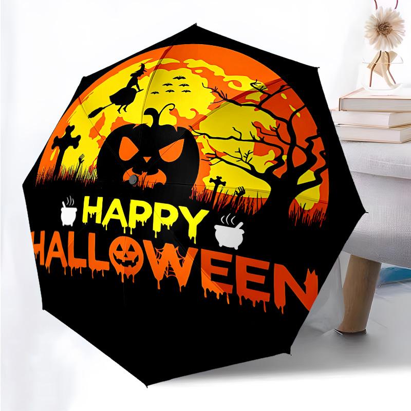 Halloween Castle  Themed Folding Umbrella Fashion Auto-Open 8 Iron Ribs Plastic Handle Foldable Sunshade Perfect Christmas Gifts