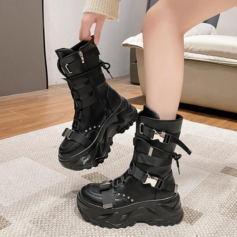 Small Platform Heightening Shoes Autumn and Winter New Round Toe Side Zipper Anti-slip Wear-resistant Mid-tube Boots