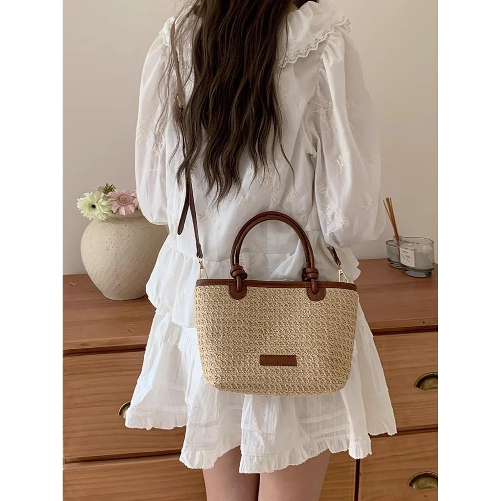 IELGY Beach Wind Hand-woven Small Bag, Shoulder Crossbody Vegetable Basket, Bucket Straw Bag
