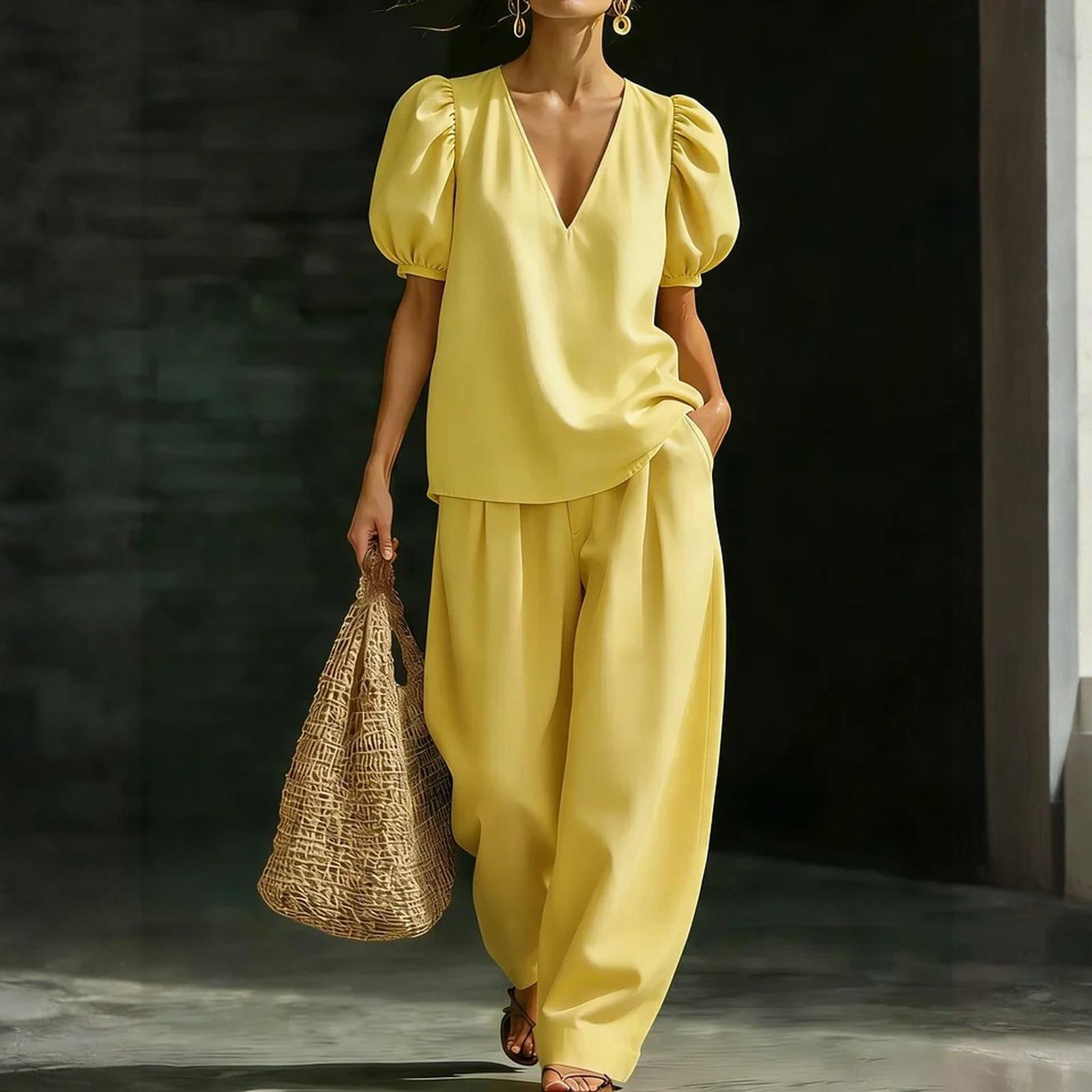 

Women s Round Neck Short Sleeve Top And Trousers Fashion Casual Suit XL жовтий