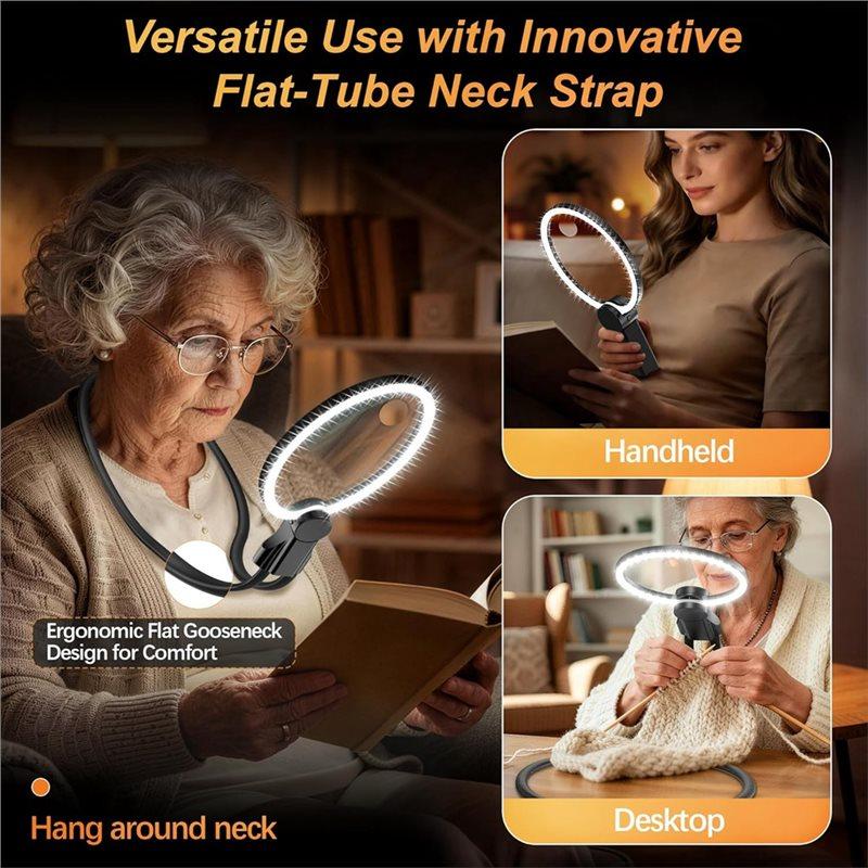 ABBP-Hands Free Magnifying Glass With Light, 2500Mah Flat Strap Neck Magnifier With LED Display & 3 Color Light