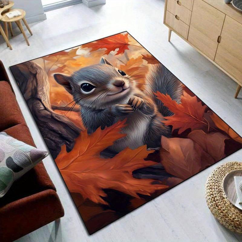 Autumn Squirrel Rug for Fall Decor | Harvest Leaves Area Rugs  Seasonal Home Accessories for Living Rooms Skid Resistant Carpet