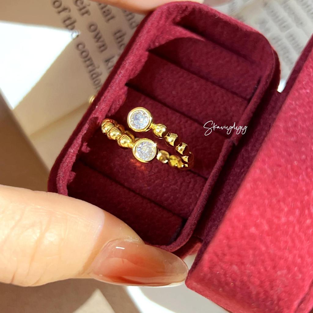 Versatile Retro Gold-Plated Open Ring with Beaded Edge & Inlaid Diamonds