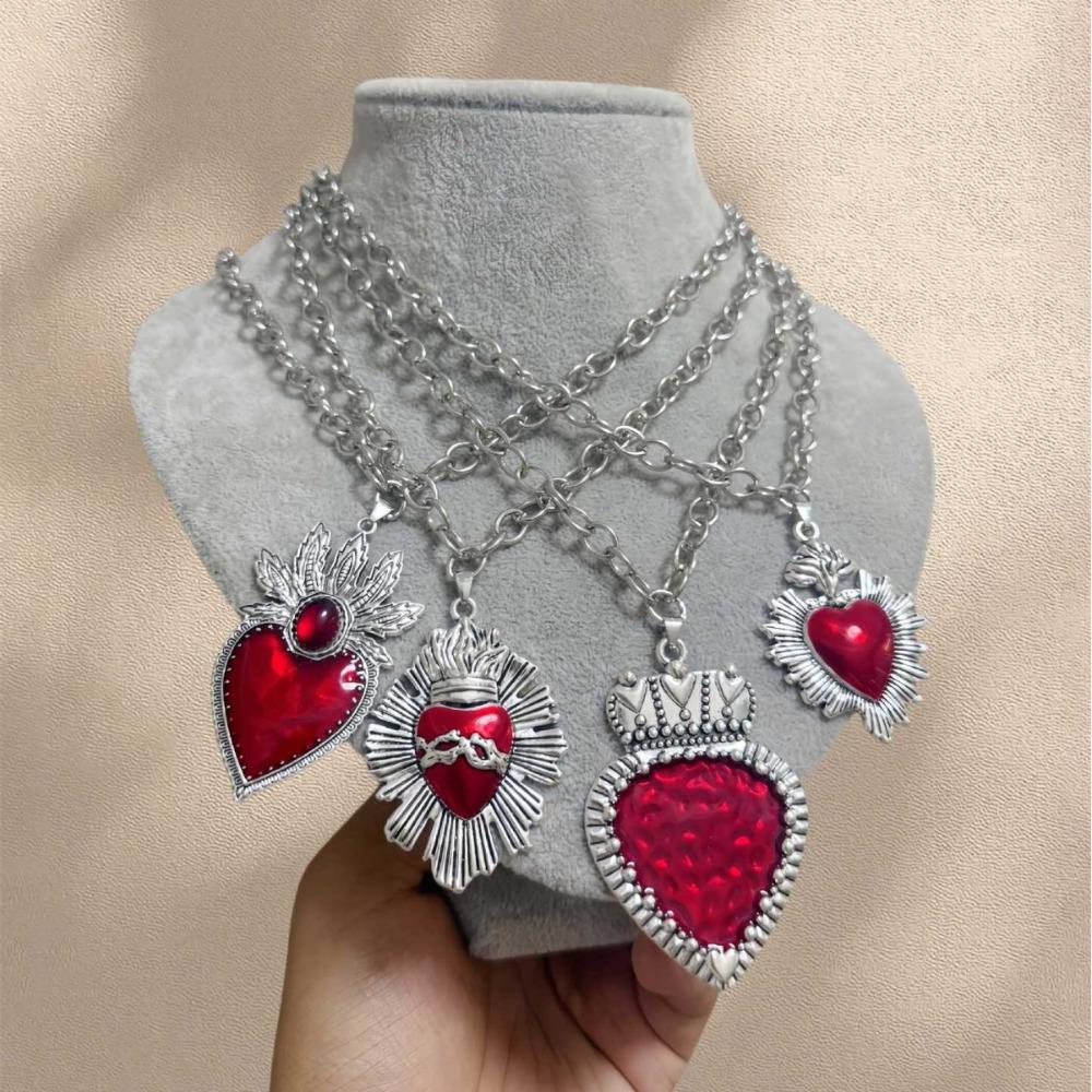 New Fashion Personality Handmade Silver Color Enamel Red Heart Pendant Necklace for Women Halloween Party Temperament Jewelry