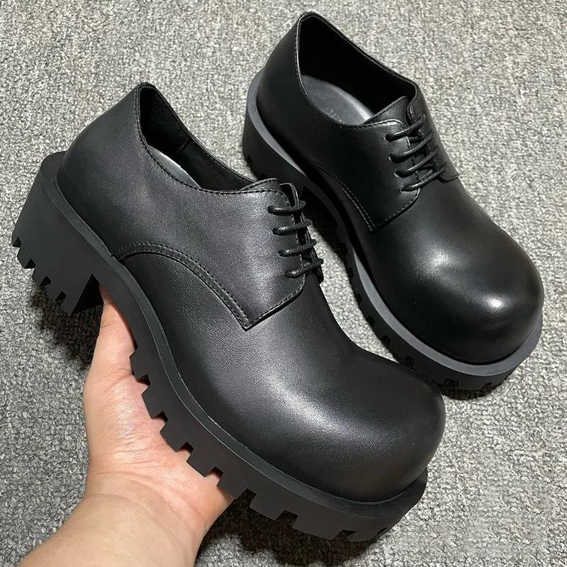 

Thick-soled big-head deep-mouth leather shoes British retro heightening one-pedal round-head men s and women s same thick-heeled derby single sh 45