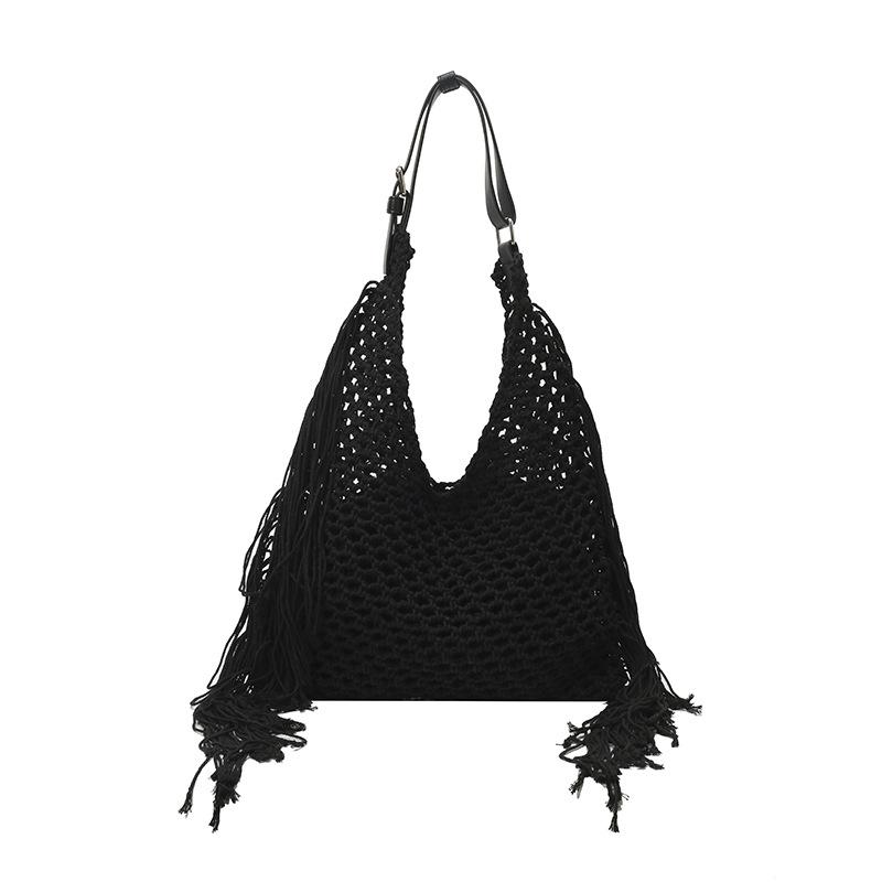 

2025 new retro fringed bag women s hollowed-out handwoven bag beach bag Sen Meng women s shoulder tote bag 33*2*45 чёрный