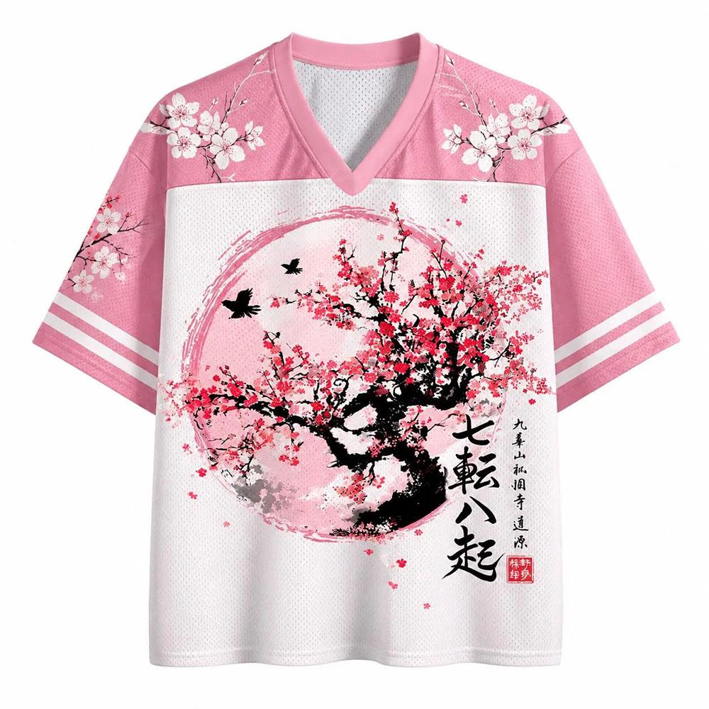 Sakura Kirschblüten Jersey Japanische Kunst Netz V-Ausschnitt Shirt Kurzarm T-Shirt Retro Blumendruck Grafik T-Shirt Oberteile für Herren Damen