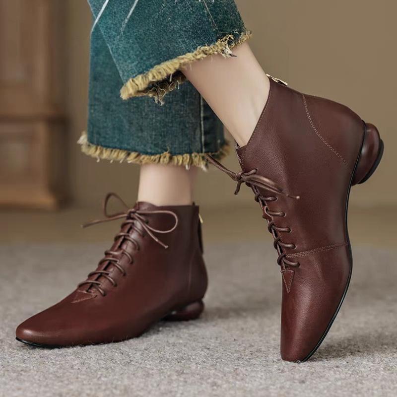 Women's Cow Leather Round Toe Lace-up Back Zip Autumn Ankle Boots High Quality Soft Comfortable Casual Female Short Boots Shoes