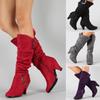 Autumn Winter Mid-calf Boots Women Fashion Grey Red Black Flock Boot Ladies Buckle High Heels Footwear Party Shoes for Girls