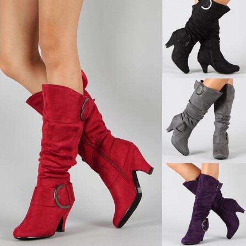 Autumn Winter Mid-calf Boots Women Fashion Grey Red Black Flock Boot Ladies Buckle High Heels Footwear Party Shoes for Girls
