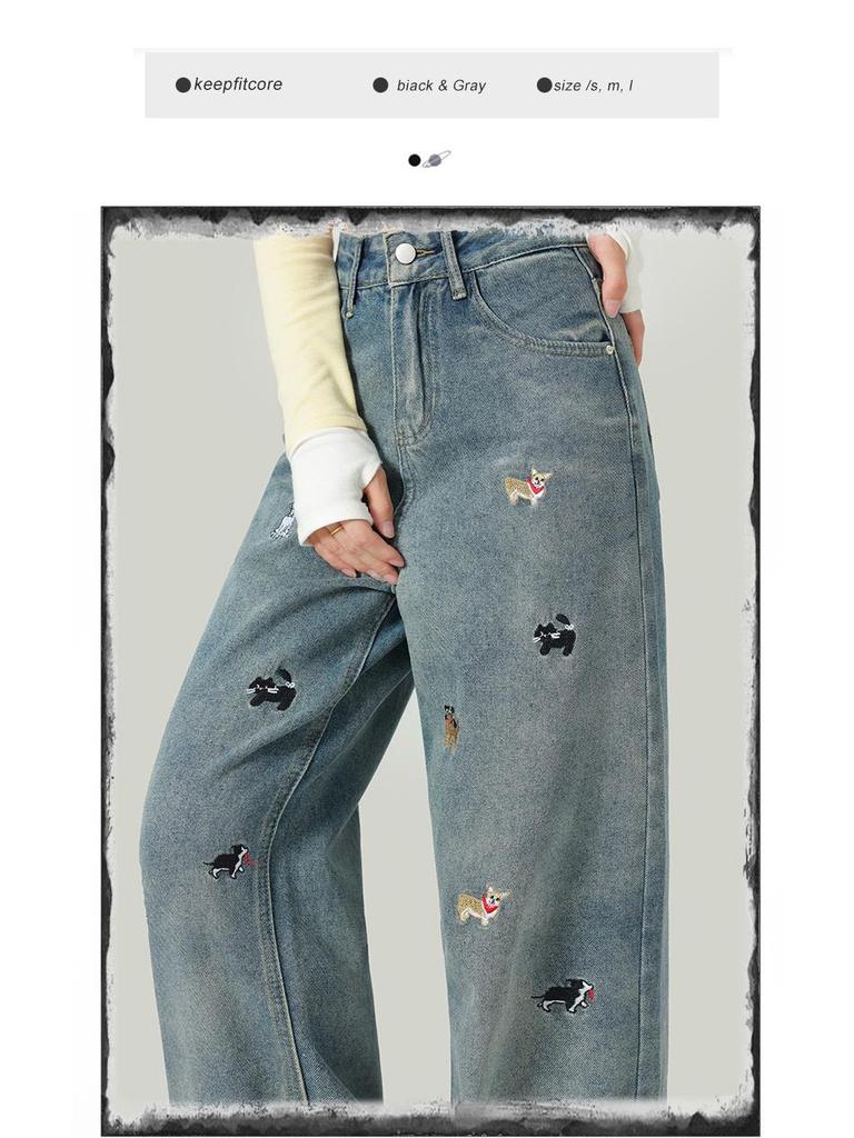 Women's Embroidered Puppy High Waist Wide Leg Jeans - Autumn/Winter
