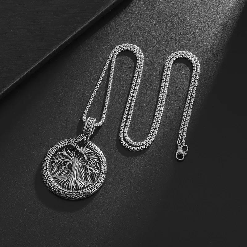 Retro Domineering Ouroboros Wrapped Around The Tree of Life Pendant Necklace Men's Personalized Punk Cool Casual Jewelry Gift