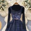 Fall Winter Women Sweater Dress Set Casual Knitted Pullover Tops + Plaid Tweed Dress 2 Piece Outfits Female With Belt