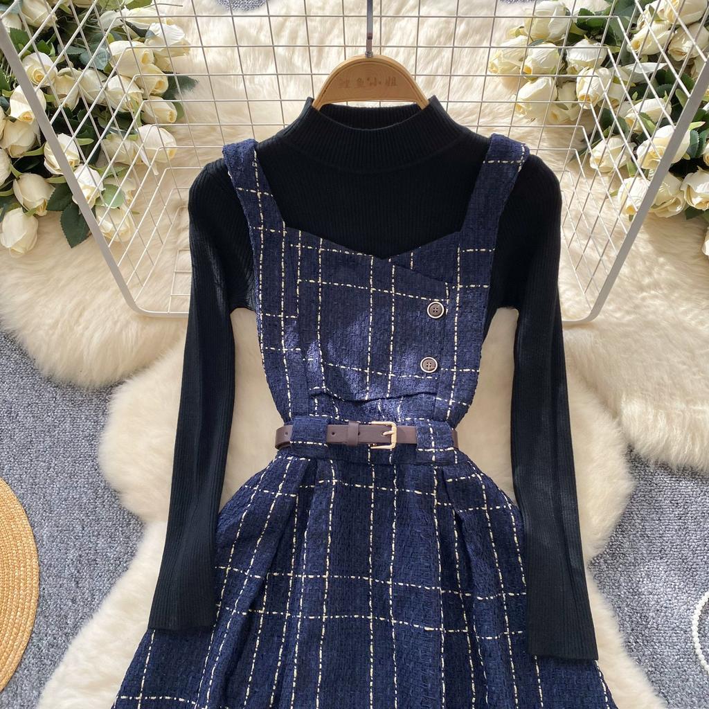 Fall Winter Women Sweater Dress Set Casual Knitted Pullover Tops + Plaid Tweed Dress 2 Piece Outfits Female With Belt