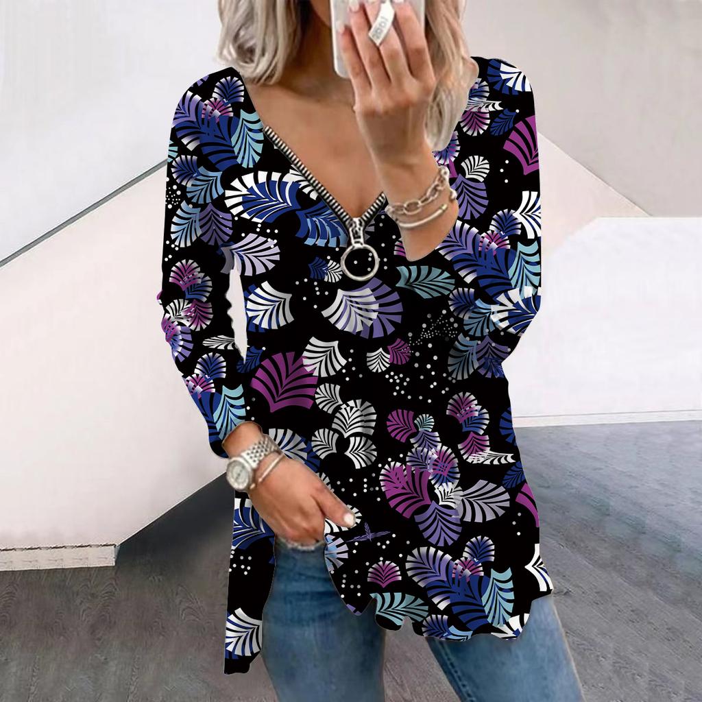 Damskie jesienne kwiatowe pomarańczowe róże drukowane długie rękawy T-shirty luźny dekolt w serek plus rozmiar T-shirty wygodne bluzki