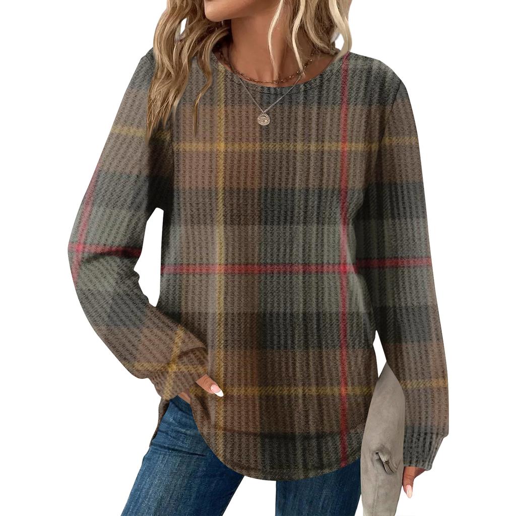 Women's Plaid Print Round Neck Long Sleeve Casual Loose Top