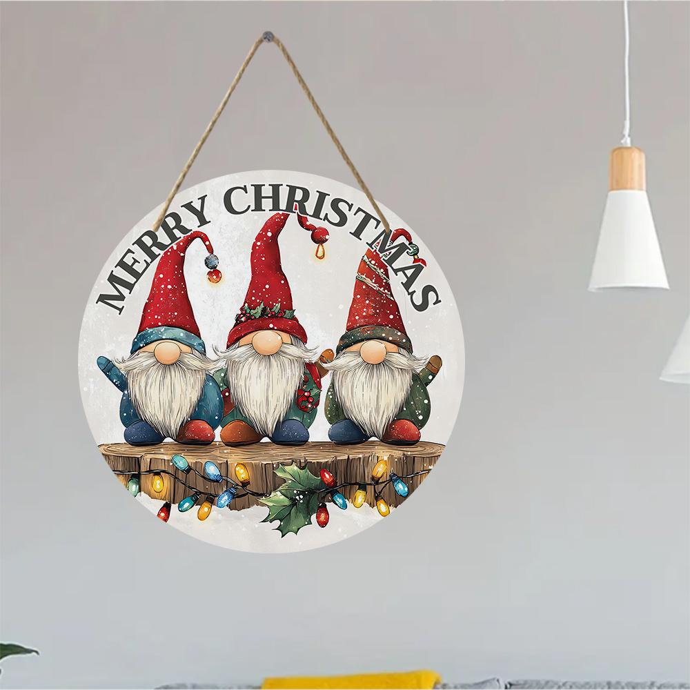 Vintage Nordic Gnome Patterned Round Wooden Hanging Plaque Indoor Outdoor Wall Decor Front Door Sign Festive Home Holiday Party Ornament