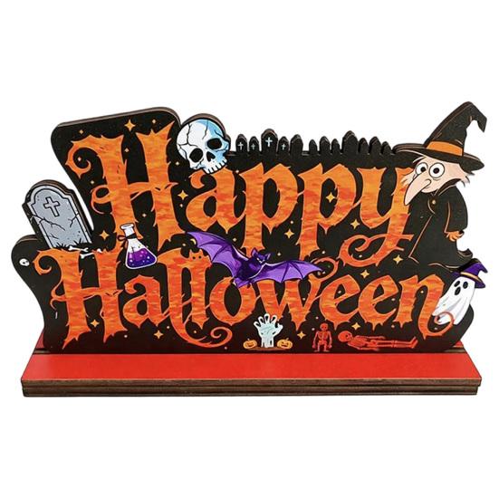 Stable Base Holiday Decor Halloween Pumpkin Haunted House Letter Ornament, Wooden Tabletop Rustic Wood Tiered Tray Signs Spooky Festive Desk